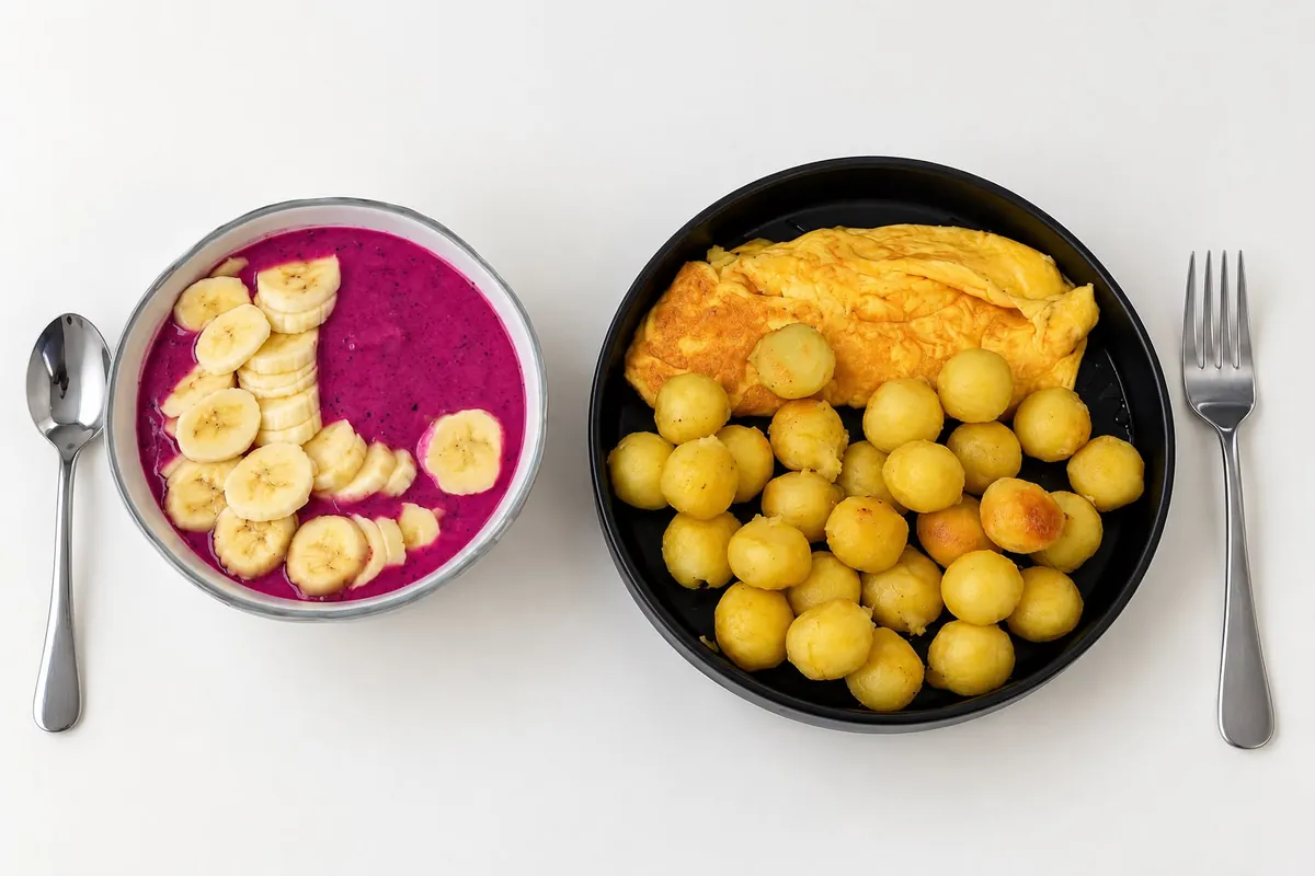 Bol de fruta con plátano y un plato de tortilla con patatas pequeñas.