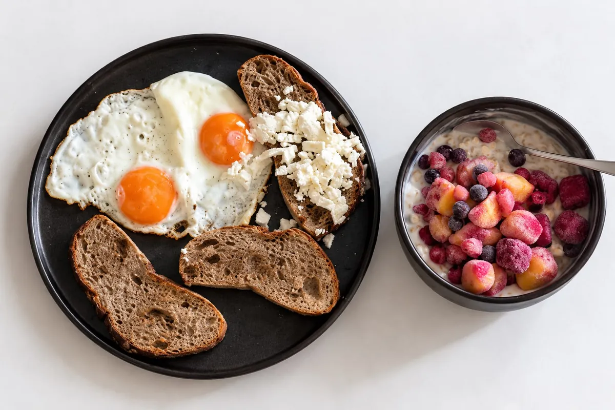 Plato con dos huevos fritos, tostadas de pan integral y queso fresco, junto a un bol de yogur con frutos rojos.