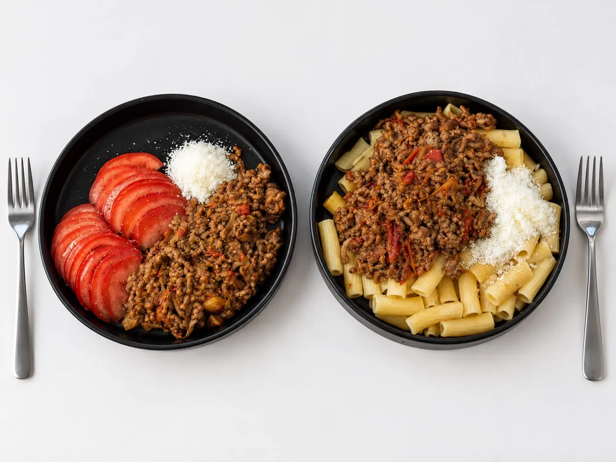 Plato de macarrones con carne picada en salsa de tomate y otro de carne con tomate en rodajas y arroz.